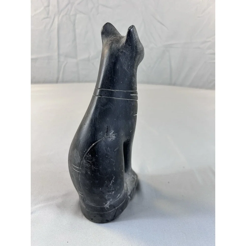 Vintage Hand Carved Soapstone Cat Figurine Black Stone‎ Statue 7